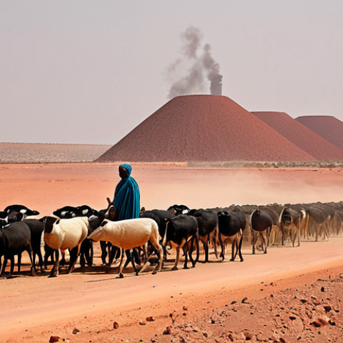 Home 11 **Image Prompt:** A vibrant contrast: A nomadic herder with his flock traversing a vast, arid landscape in Mauritania, juxtaposed against a modern iron ore mining complex in the background, showcasing the blend of traditional and modern industries. Dust and heat haze.