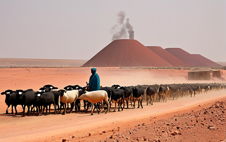 **Image Prompt:** A vibrant contrast: A nomadic herder with his flock traversing a vast, arid landscape in Mauritania, juxtaposed against a modern iron ore mining complex in the background, showcasing the blend of traditional and modern industries. Dust and heat haze.