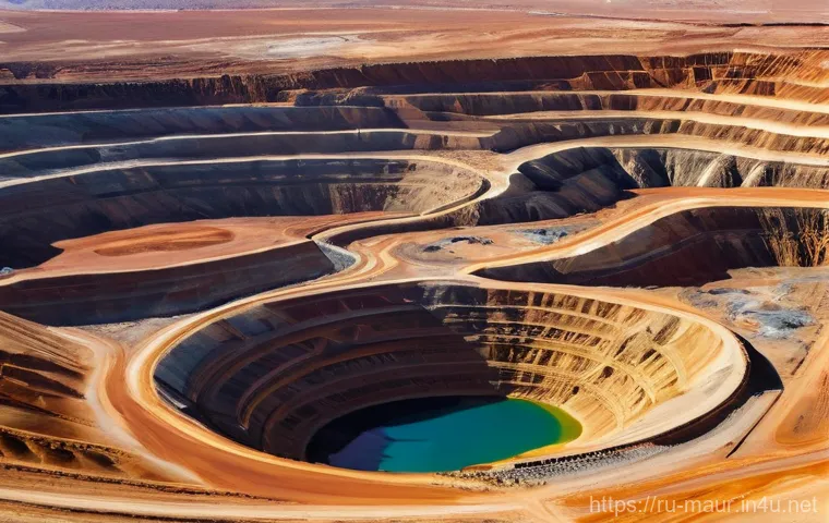 모리타니 광업 자원 - **Prompt for Iron Ore Mining in Mauritania:**
    "A vast, panoramic view of an industrial iron ore ...