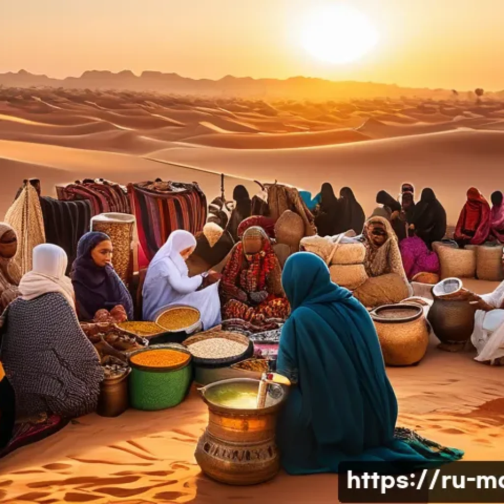 모리타니 모로코 관계 - A vibrant North African marketplace scene at sunset, showcasing diverse Mauritanian and Moroccan tra...