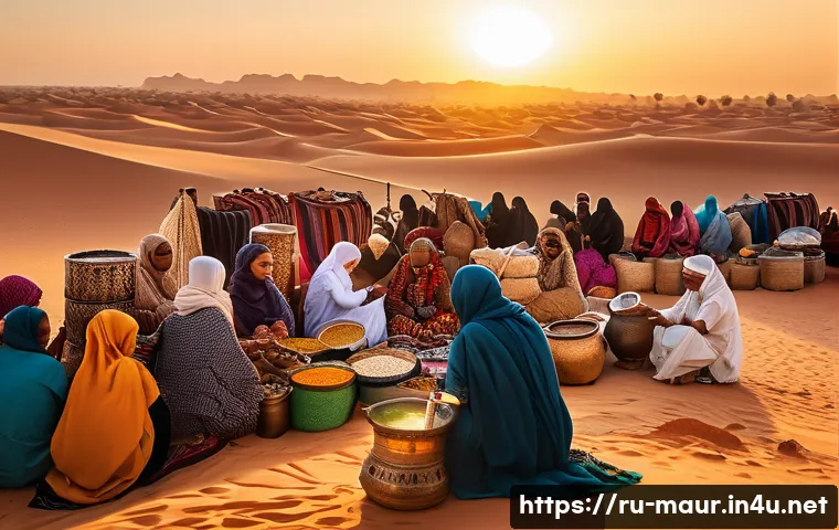 모리타니 모로코 관계 - A vibrant North African marketplace scene at sunset, showcasing diverse Mauritanian and Moroccan tra...