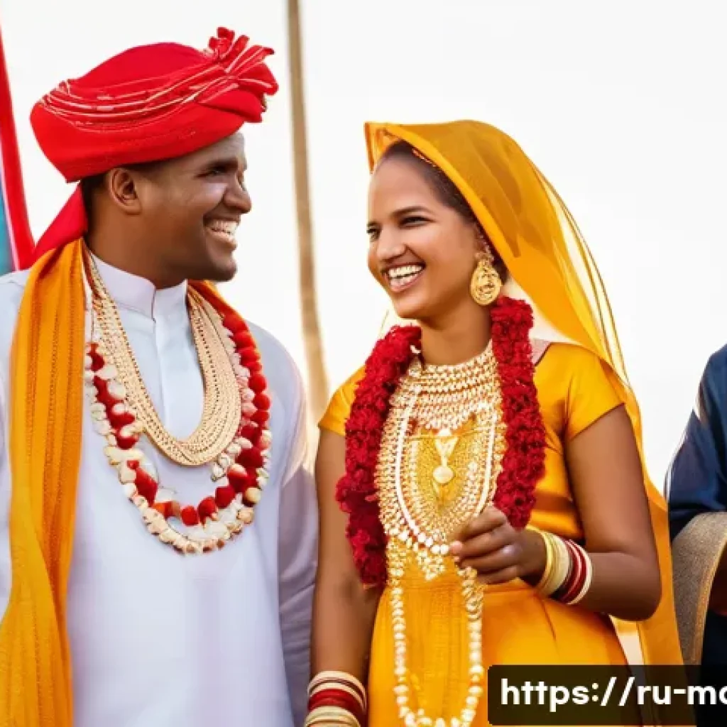 모리타니 결혼 풍습 - A vibrant Mauritanian wedding scene featuring a bride and groom dressed in traditional attire: the b...