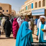 Home 22 모리타니 아랍어와 프랑스어 - A vibrant street scene in Nouakchott, Mauritania, showcasing daily life with people engaging in conv...