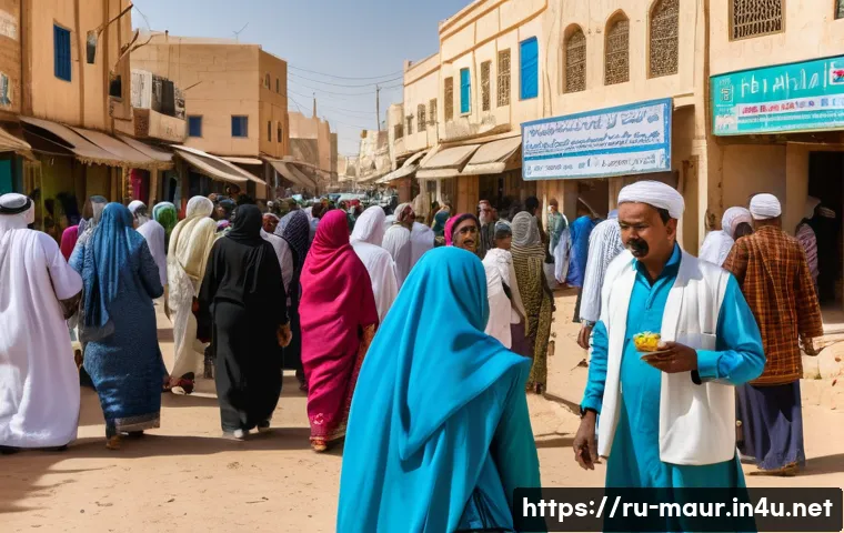 모리타니 아랍어와 프랑스어 - A vibrant street scene in Nouakchott, Mauritania, showcasing daily life with people engaging in conv...