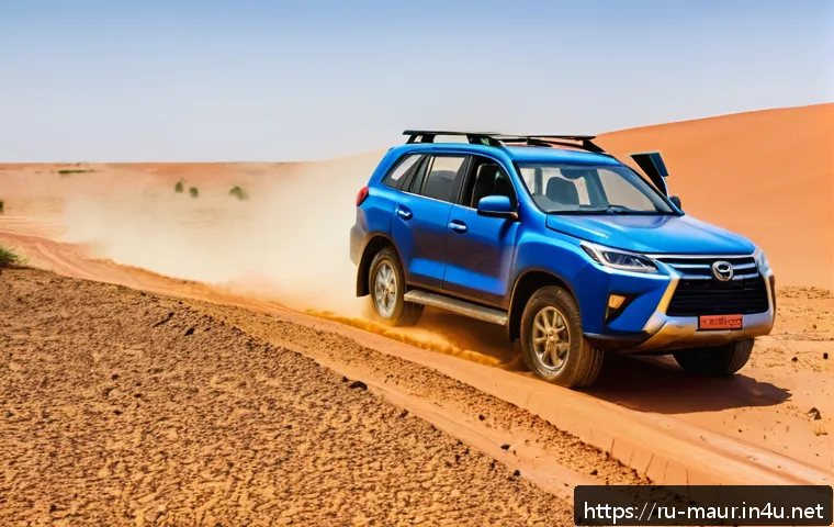 모리타니 렌터카 이용법 - A rugged 4x4 SUV driving on a sandy and rocky desert road in Mauritania under a bright blue sky, wit...