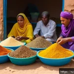 Home 19 모리타니 전통 음식 - A vibrant traditional Mauritanian market scene in Nouakchott, bustling with locals and vendors selli...