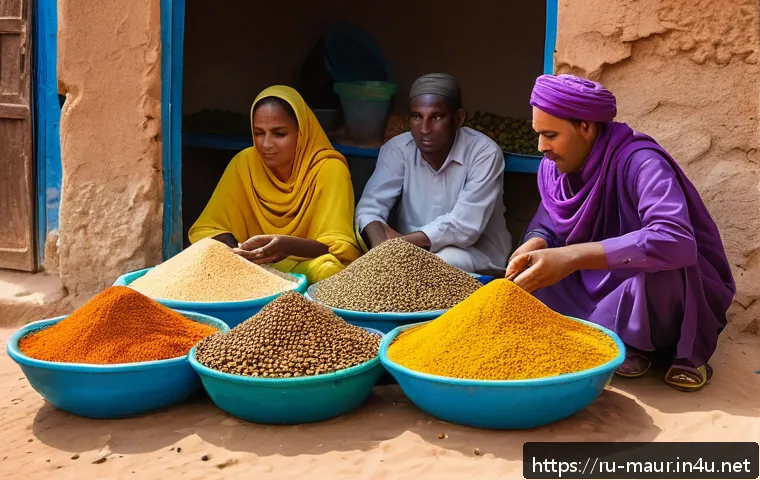 모리타니 전통 음식 - A vibrant traditional Mauritanian market scene in Nouakchott, bustling with locals and vendors selli...