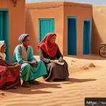 Home 18 모리타니 노예제 논란 - A detailed, realistic scene depicting a rural Mauritanian village where a family is engaged in daily...