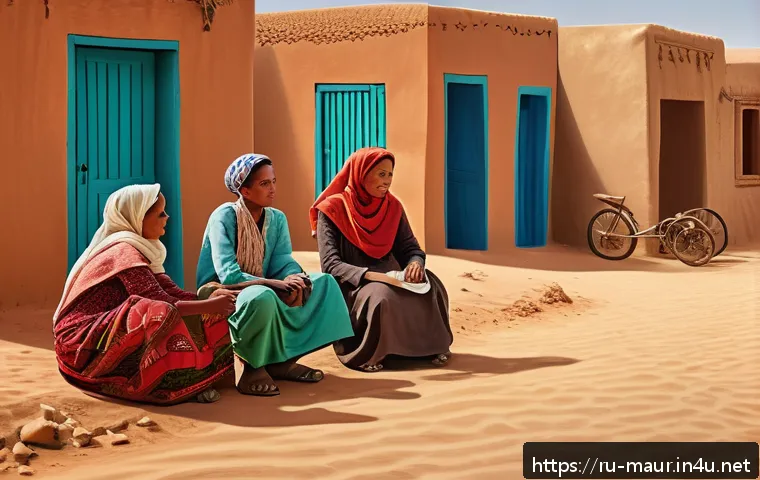 모리타니 노예제 논란 - A detailed, realistic scene depicting a rural Mauritanian village where a family is engaged in daily...