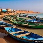 Home 23 모리타니 어업 산업 - A vibrant coastal fishing village in Mauritania at sunrise, showing local fishermen wearing practica...