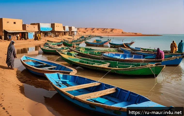 모리타니 어업 산업 - A vibrant coastal fishing village in Mauritania at sunrise, showing local fishermen wearing practica...