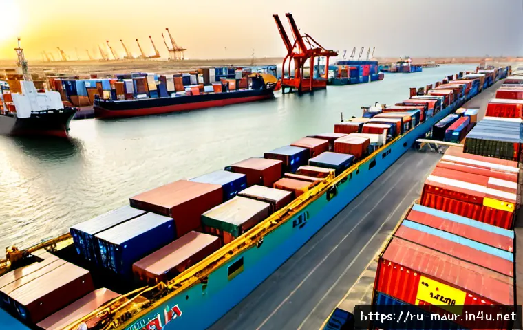 Home 17 모리타니 경제 성장률 - Photorealistic economic growth concept in Mauritania, modern port at Nouakchott during golden mornin...